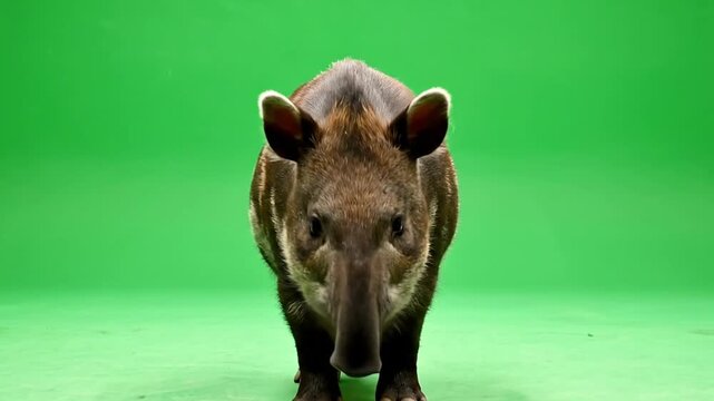 A tapir, a large herbivorous mammal with a distinctive snout, stands facing forward against a vibrant green screen background.