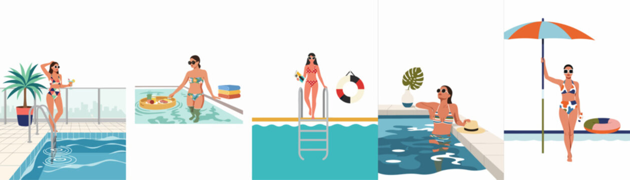 Set of flat illustrations featuring stylish women enjoying summer vacations at luxury resorts, relaxing in swimming pools with drinks and floating breakfasts.