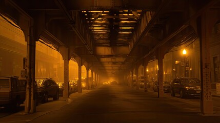 Fototapeta premium Urban street at night under an elevated train tunnel. Bathed in a warm orange glow from streetlights. With parked vehicles lining both sides of the road. Creating a mysterious and atmospheric ambiance