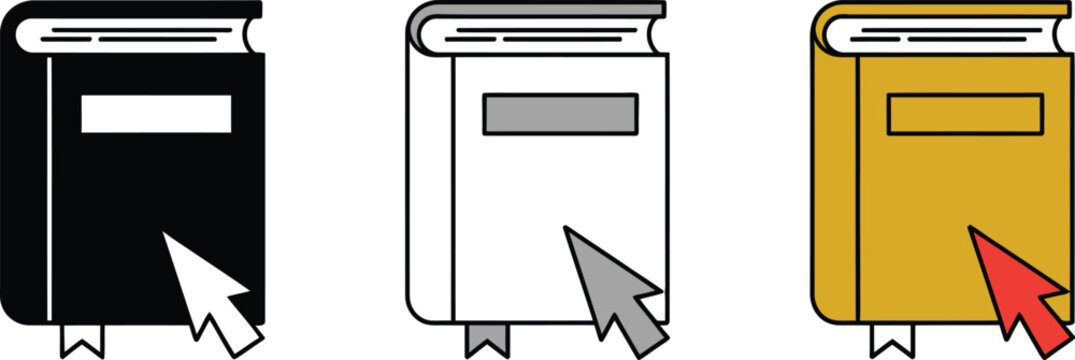 Online library book icons with computer mouse cursor and bookmark in various styles for education.