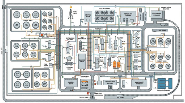 Industrial plant schematic diagram with tanks and pipelines.