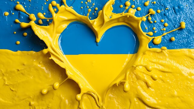 Heart shaped splash of yellow paint on a blue and yellow painted textured surface background