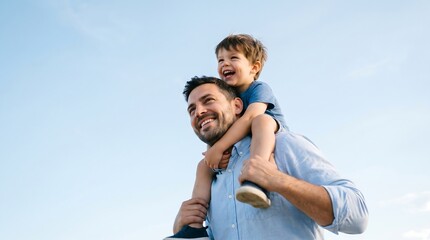 Obraz premium A man carrying a happy child on his shoulders outdoors under a clear blue sky