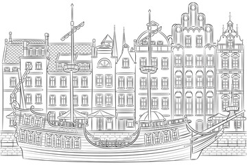 Obraz premium Black and white vector illustration of Gdansk waterfront with sailing ship