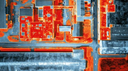 Obraz premium Aerial view highlighting heat loss from rooftops and infrastructure in an urban industrial zone, demonstrating energy inefficiency through advanced thermal detection