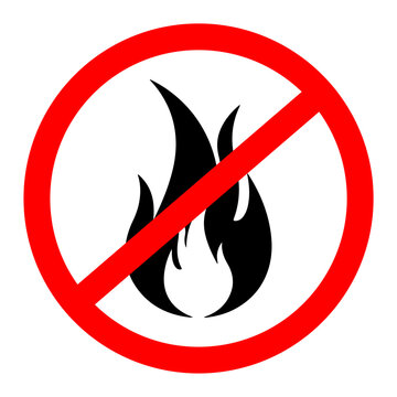 Red prohibition sign over a stylized black flame symbol representing fire danger during daylight isolated on transparent background