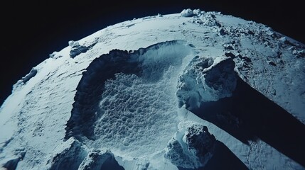 Fototapeta premium Rugged asteroid surface featuring a massive impact crater and countless smaller depressions, creating a deep, textured landscape under dramatic shadows against the dark expanse of space