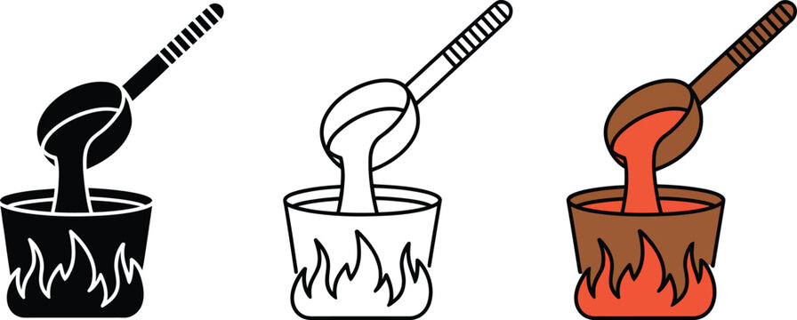 Molten metal or liquid pouring from a ladle into a crucible with fire under it.