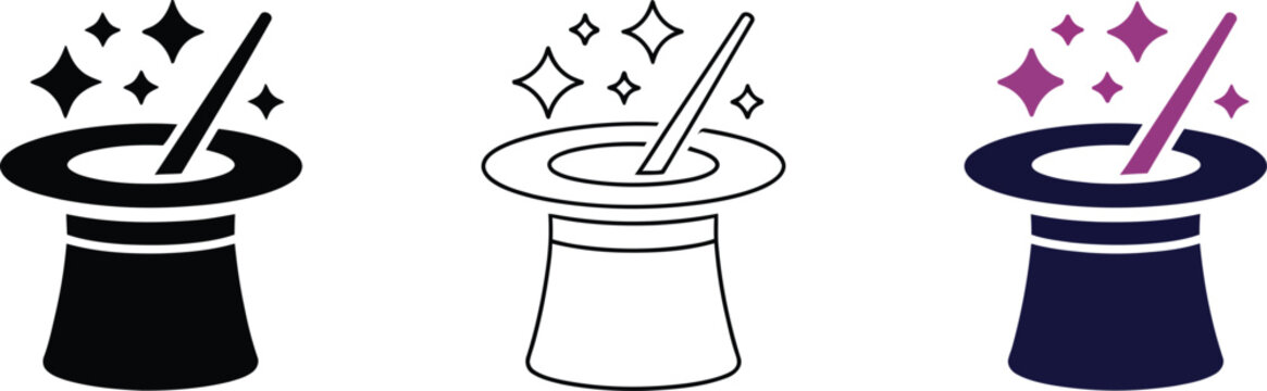Magic trick hat with magic wand and sparkling stars vector icon set on transparent background.