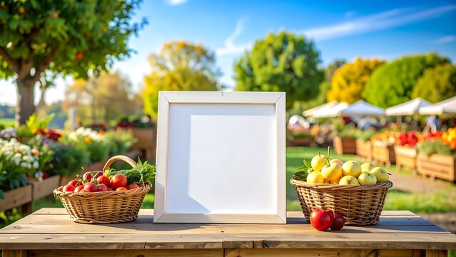 Fresh Harvest Produce Baskets and Blank Sign on Wooden Table at Outdoor Farmers Market