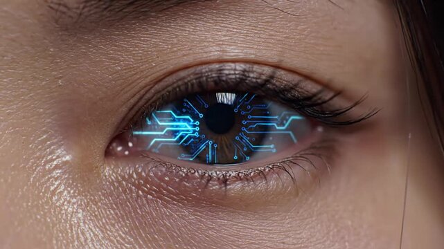 Human Eye With Futuristic Digital Circuit Iris Glowing Blue Macro Shot Of Advanced Bionic Technology And Cyberpunk Cybernetic Enhancement Vision