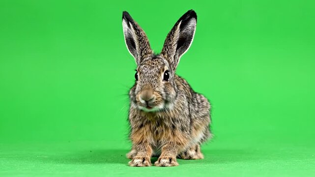 A close-up shot of a small, fluffy brown and grey rabbit with long ears sitting on a vibrant green background, looking directly at the viewer.
