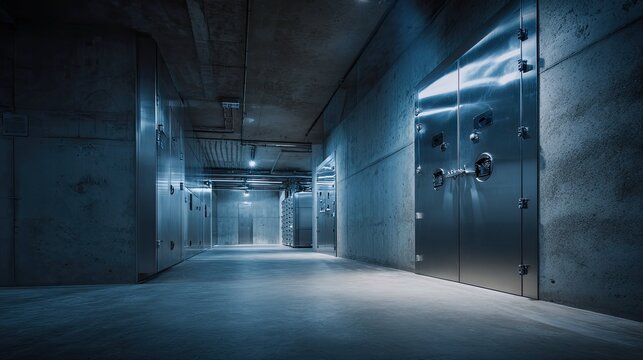 Underground concrete corridor with multiple metal vault doors, reflecting light and creating a sterile, secure environment for confidential goods, valuable assets, and important information