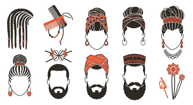 Various hairstyles and headwear for people.