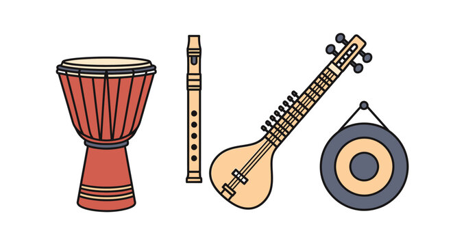 Traditional Indian musical instruments on white.