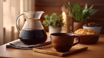 Fototapeta premium A warm rustic composition featuring freshly brewed coffee in a glass carafe and a cup set on a wooden board suggesting a cozy morning ritual