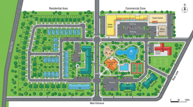 Aerial view of a modern urban development plan with residential and commercial areas.