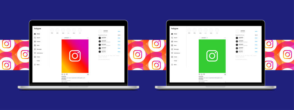 Instagram post UI mockup on mobile, laptop, desktop showing profile photo, username, timestamp, image/video, caption, likes, comments, share, save, reactions, tags, and interactive feed layout vec.