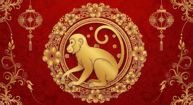 A golden monkey on a red and gold chinese new year background illustration