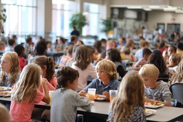 Fototapeta premium cafeteria full of kids eating lunch and talking