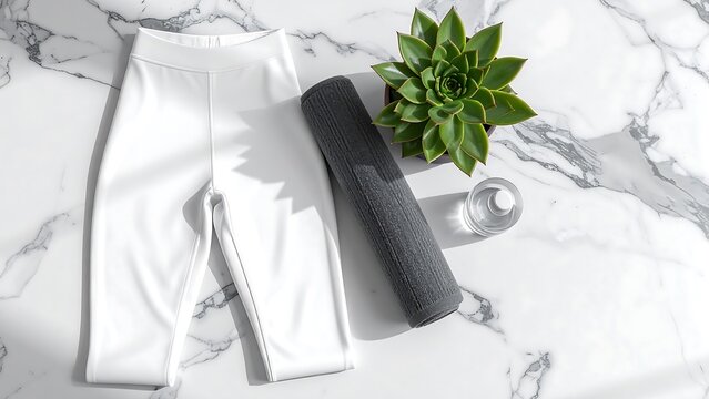 White leggings yoga mat succulent plant and glass of water on marble background flat lay