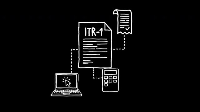Hand drawn animation of tax e-filing with ITR-1 form receipt pen calculator laptop and submit button 4k animated video, alpha transparent video
