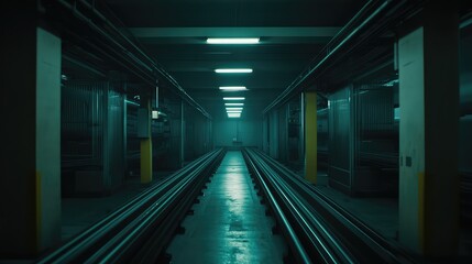 Fototapeta premium Futuristic underground facility with a long railway track disappearing into the distance, reflecting neon lights along an industrial hallway creating a sense of solitude and advanced technology