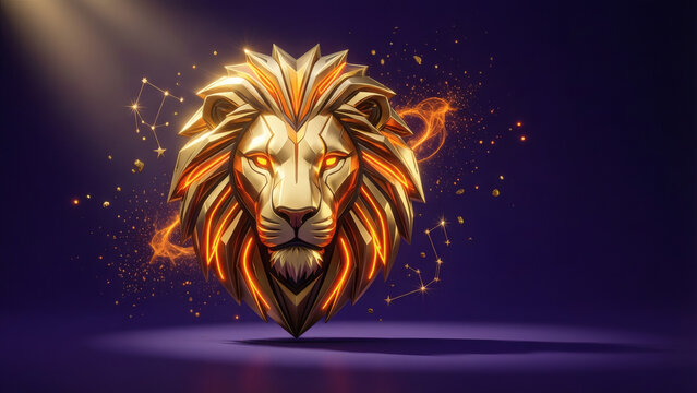 T&ecirc;te de lion dor&eacute;e avec des n&eacute;ons orange et des constellations vue de face | Zodiaque 