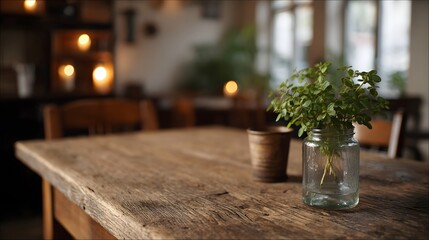 Fototapeta premium A still life featuring fresh green herbs in a jar on a rustic wooden table with a soft natural background