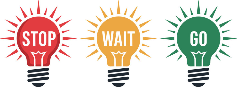 Stop wait and go icon set, modern flat vector light symbols with green yellow red colors for traffic management road safety and navigation design.