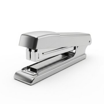 Open Silver Metal Stapler with Visible Staples Inside Chamber, Isolated on White Background for Office Supply Photography, Stationery Mockup, Business Equipment, Workplace Organization, and Product.