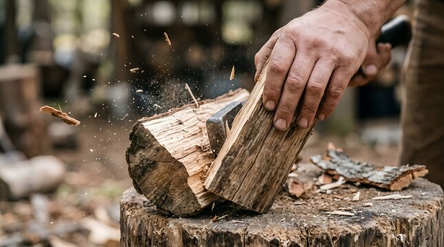 Traditional Way Of Splitting Firewood Using Steel Axe And Natural Wooden Block