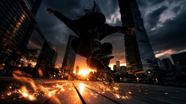 Skateboarder Performing Jump Trick at Sunset in Urban Cityscape