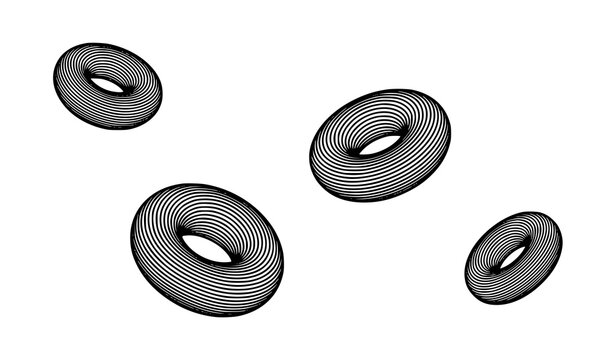 Abstract black striped torus shapes set with dynamic optical illusion lines on white background