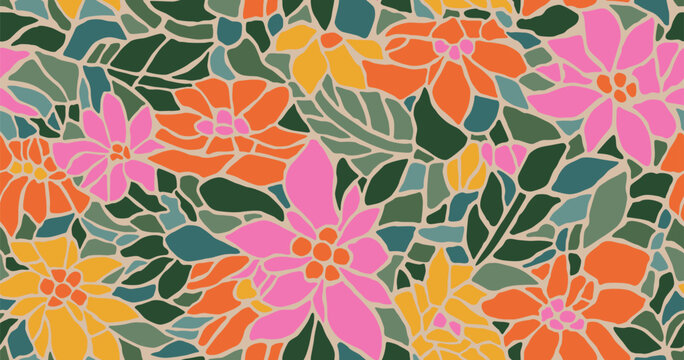 Abstract floral patterns. Exotic hand drawn flower seamless patterns. Modern print in colorful mosaic style. Ideal for textile design, wallpaper, covers, cards, prints and posters.