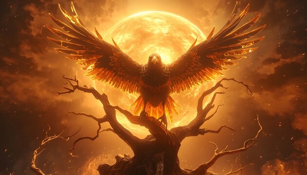 Majestic Fire Bird Spreading Wings in front of Giant Golden Sun, Mythical Phoenix Perched on Dead Tree under Solar Eclipse, Epic Fantasy Landscape with Sparks and Fire Clouds, Cinematic Concept Art