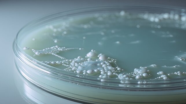 Microorganism colonies grow in an agar medium inside a clear glass dish, forming distinct patterns and textures during an experiment in a scientific laboratory