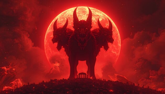Giant Three-Headed Hellhound Cerberus Guarding Underworld Entrance, Blood Red Moon Background, Greek Mythology Beast in Burning Hellscape, Ominous Ancient Temple Ruins, Cinematic Dark Fantasy