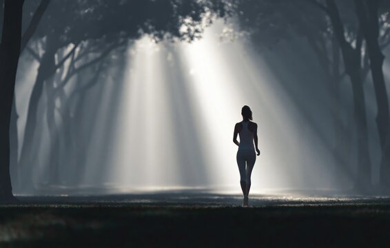 Woman jogging in forest path with sun rays