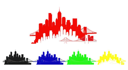 Fototapeta premium Colorful City Skyline Silhouettes with Bridges, Vector Art