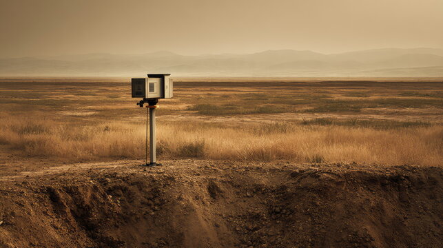 Surveillance camera standing solitary in a dry, desolate landscape, providing constant monitoring and security over the expansive, hazy plain under a muted sky