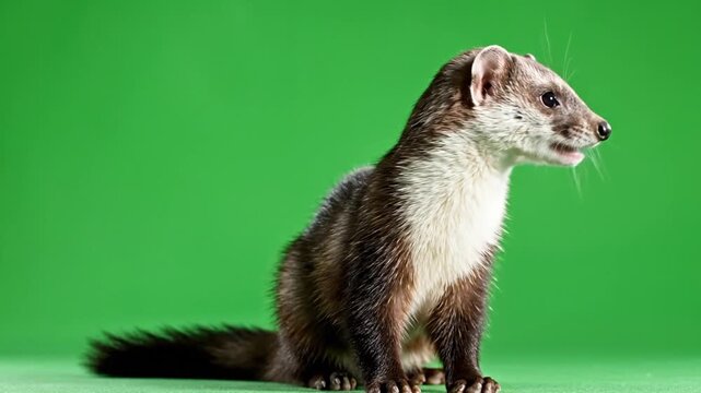 A ferret with brown and white fur sits against a vibrant green background, looking to the right in a studio portrait.