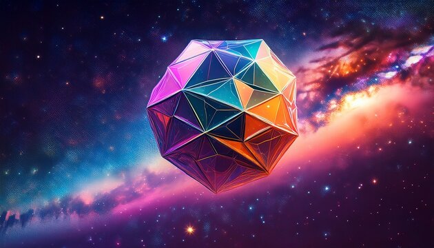 floating polyhedra in vibrant cosmic space a unique blend of colors amidst a vast galactic backdrop at a distant future
