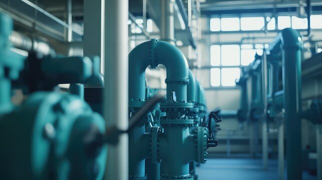 Industrial piping system with valves and flanges handling fluid transportation within a contemporary factory, essential for energy and manufacturing processes