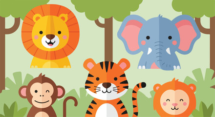 Cute jungle animals vector illustration, flat design safari wildlife characters, cartoon lion tiger elephant monkey and lioness in forest background © stcok victer cenva