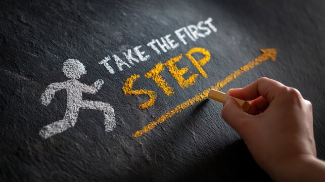 Chalkboard with an artistic drawing of a human figure taking the first step towards a bright future.