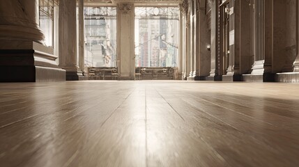 Naklejka premium Elegant grand hall with polished wooden flooring and classic marble columns, providing a striking perspective towards a modern city skyline seen through large windows