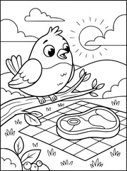 Fototapeta premium Bird coloring page shows a cute animal on a branch looking at a picnic steak