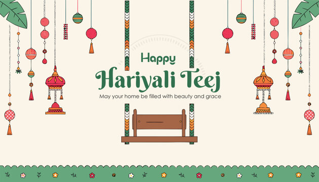 Hariyali teej festival greeting card with swing and decorative hanging ornaments