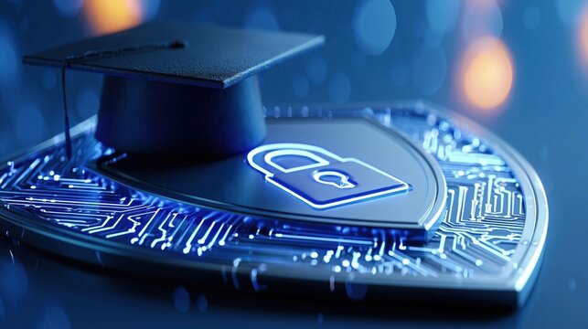 Graduation cap rests atop a digital security shield representing the protection of academic assets.